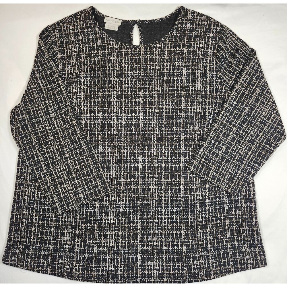 Van Heusen XL Black White Tan Tweed Top 3/4 Sleeve Light Office Professional